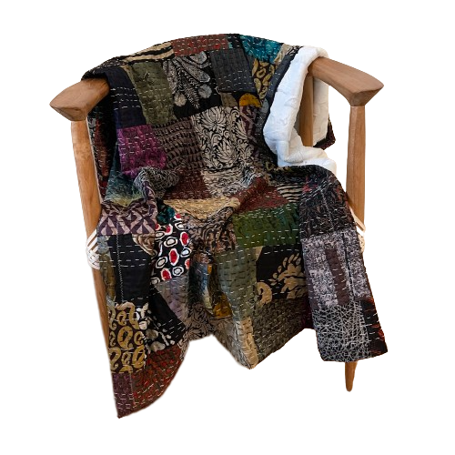 Mini Silk Patchwork Kantha Quilt with Minky Faux-Fur