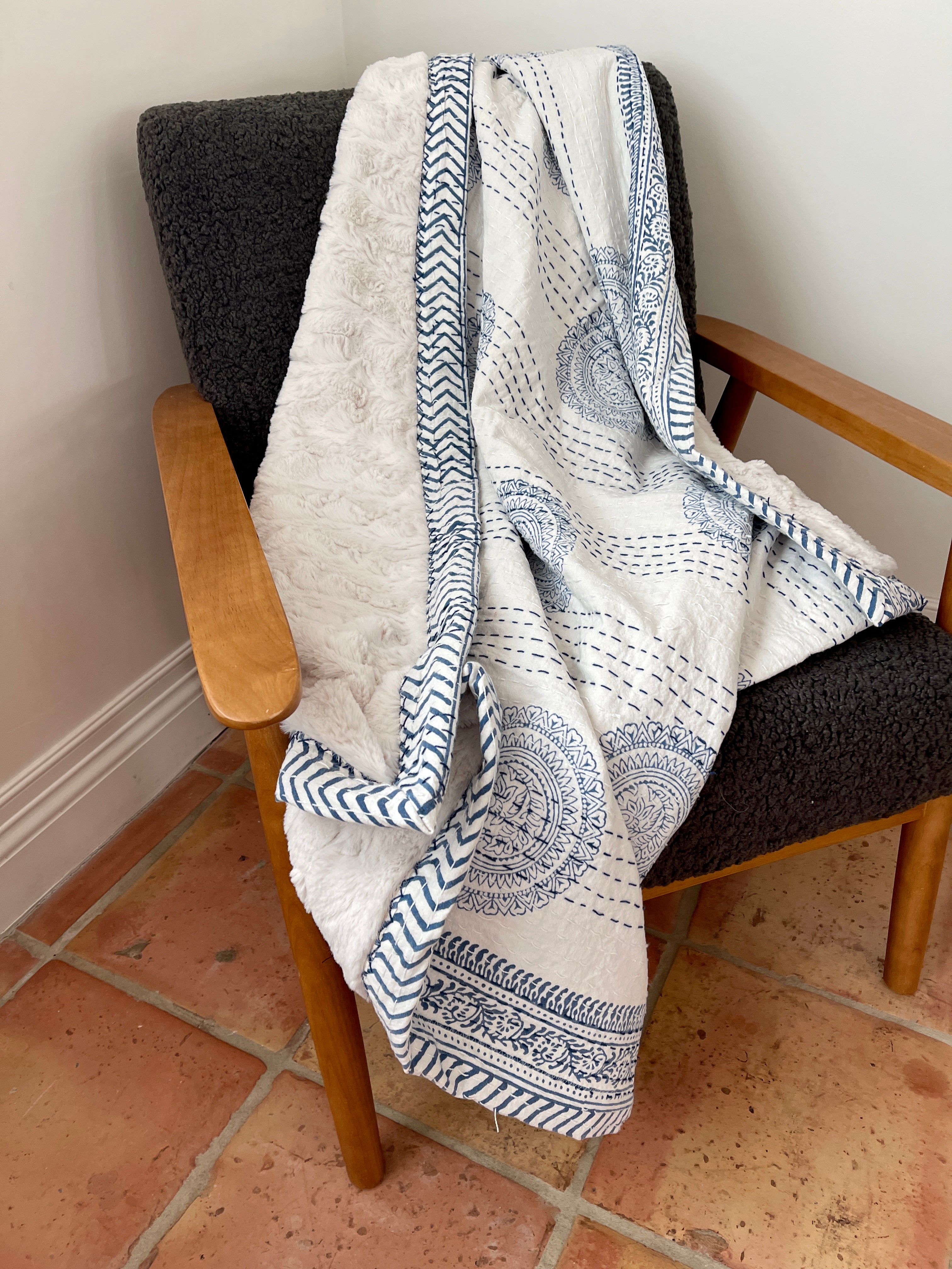 Mini New Kantha Quilt with Minky Faux-Fur - White