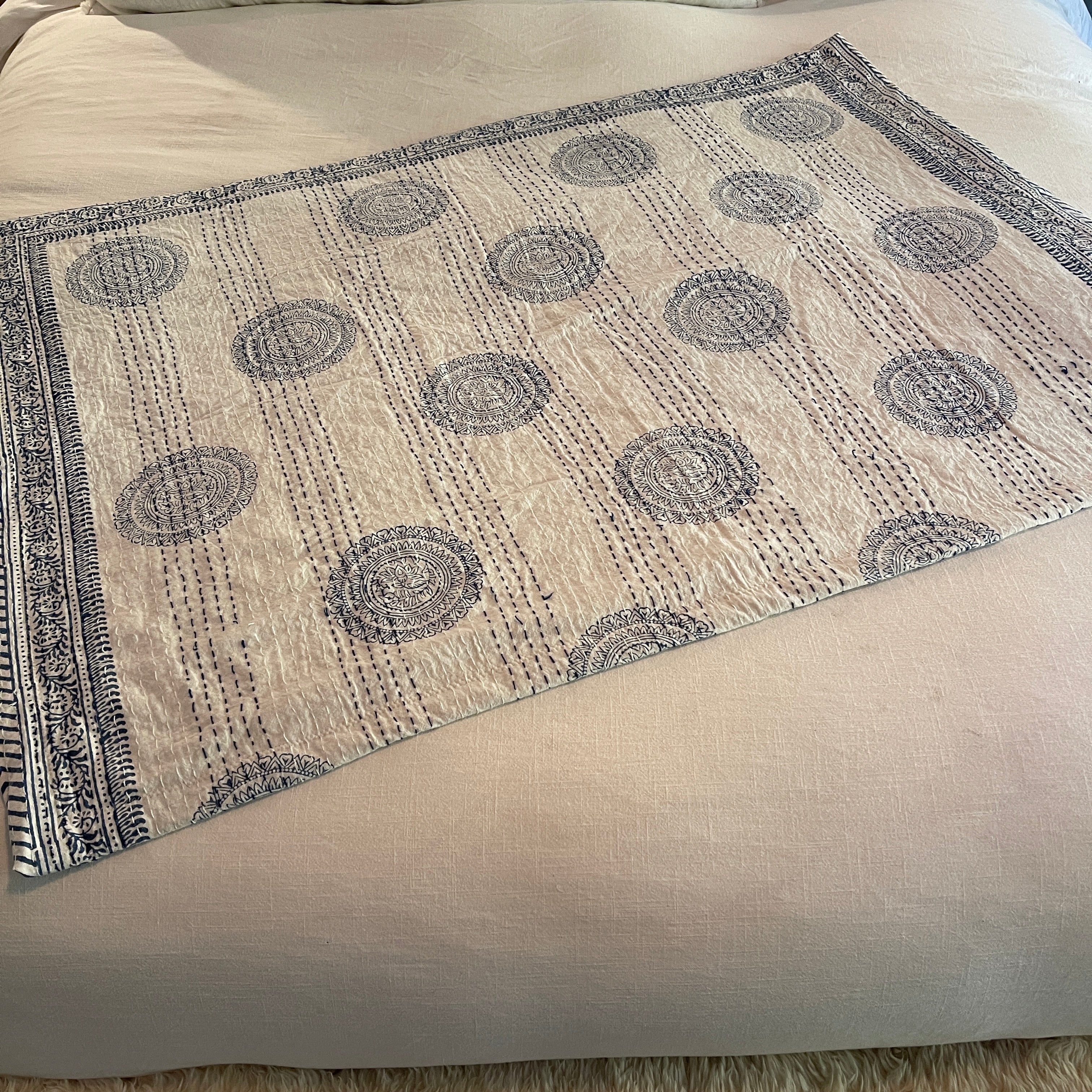 Mini New Kantha Quilt with Minky Faux-Fur - White